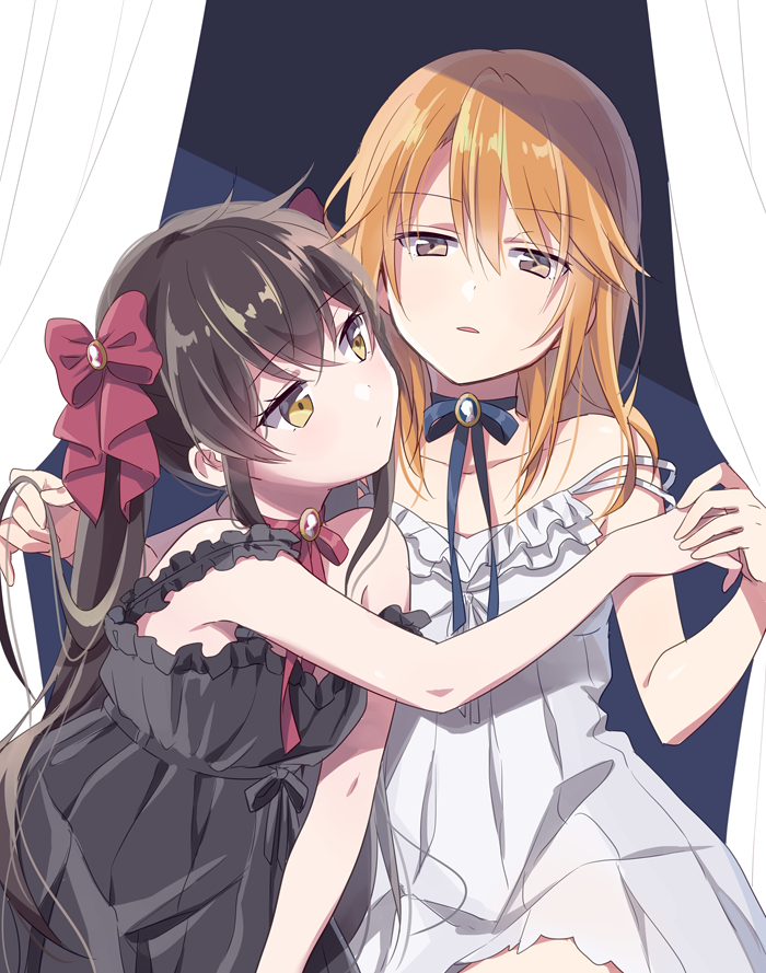 2girls black_blouse black_hair blonde_hair blouse choker curtains eyebrows_visible_through_hair eyelashes hair_ribbon idolmaster idolmaster_cinderella_girls matoba_risa multiple_girls ribbon ribbon_choker riku_(melty_drop) twintails white_blouse yuuki_haru