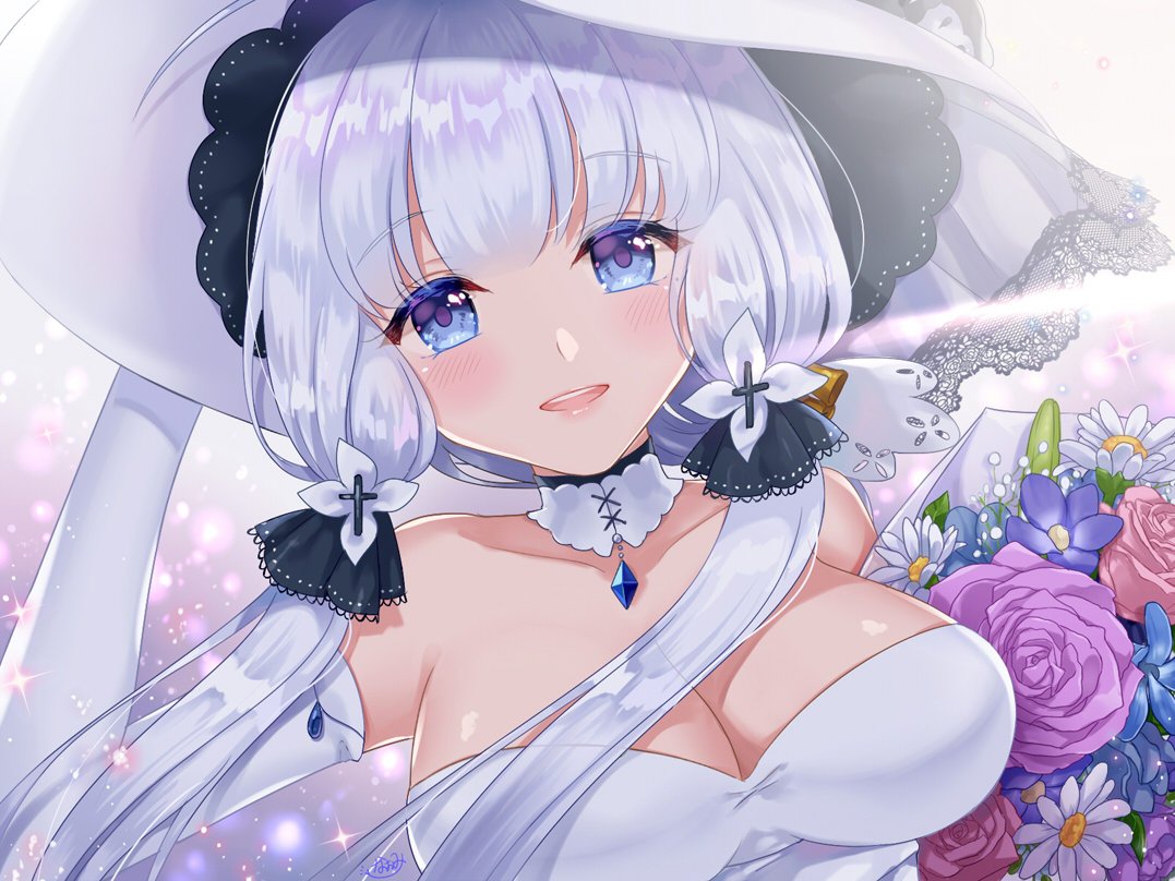 1girl armlet azur_lane bangs bare_shoulders blue_eyes blush bouquet breasts choker cleavage dress elbow_gloves eyebrows_visible_through_hair floating_hair flower gloves hair_ornament hair_ribbon hand_on_headwear hat holding holding_bouquet illustrious_(azur_lane) jewelry lace-trimmed_hat large_breasts light_particles long_hair looking_at_viewer low_twintails mole mole_under_eye naomi_(fantasia) open_mouth pendant ribbon sapphire_(stone) sidelocks smile solo sparkle strapless strapless_dress sun_hat tareme tress_ribbon twintails white_dress white_gloves white_hair wind