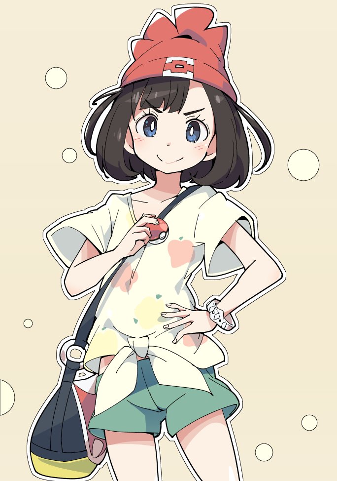 1girl bag beanie black_hair blue_eyes eyebrows_visible_through_hair floral_print green_shorts hand_on_hip handbag hat holding holding_poke_ball ixy mizuki_(pokemon_sm) poke_ball pokemon pokemon_(game) pokemon_sm red_hat shirt short_hair short_sleeves shorts simple_background smile solo tied_shirt z-ring