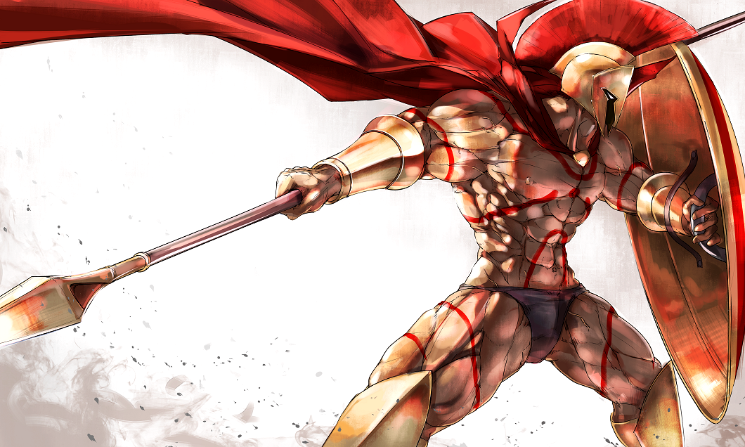 1boy bracer cape fate/grand_order fate_(series) helmet leonidas_(fate/grand_order) metal_boots muscle polearm profile shield spear tattoo un_(satoshi0301) weapon