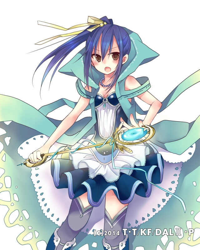 1girl aqua_cape bangs blue_dress blue_footwear blue_hair blush breasts brown_eyes cleavage date_a_live dress eyebrows_visible_through_hair floating_hair grey_legwear hair_between_eyes hair_ribbon hibiki_mio holding holding_staff hood jewelry layered_dress long_hair magical_girl necklace open_mouth ribbon short_dress side_ponytail sleeveless sleeveless_dress small_breasts smile solo staff standing strapless strapless_dress takamiya_mana thigh-highs white_background yellow_ribbon