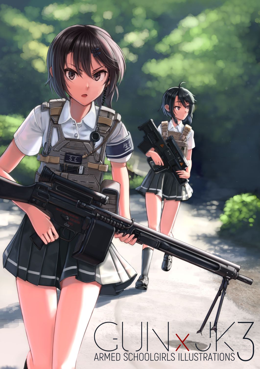 2girls bangs black_eyes black_hair blurry blurry_background closed_mouth dreadtie dress_shirt earphones gun hair_ornament hairclip highres loafers looking_at_viewer looking_to_the_side multiple_girls open_mouth original outdoors pleated_skirt running shirt shoes short_hair skirt swept_bangs weapon