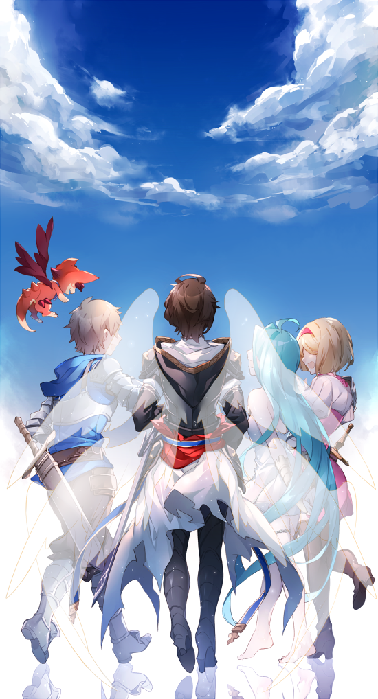 2boys 2girls ahoge animal armored_boots arms_behind_back barefoot blonde_hair blue_hair blue_sky boots brown_hair character_request clouds day djeeta_(granblue_fantasy) dress floating_hair flying from_behind gran_(granblue_fantasy) granblue_fantasy hair_over_eyes hairband high_heel_boots high_heels hizuki_miya long_hair lyria_(granblue_fantasy) multiple_boys multiple_girls one_leg_raised red_hairband sheath sheathed short_dress short_hair sky standing standing_on_one_leg sword thighlet vee_(granblue_fantasy) very_long_hair weapon white_dress