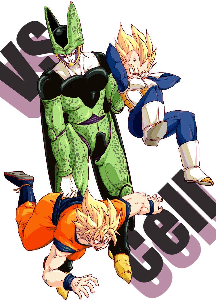 3boys annoyed armor blonde_hair boots cell_(dragon_ball) character_name d: dougi dragon_ball dragonball_z frown full_body looking_down male_focus multiple_boys nervous open_mouth outstretched_arms perfect_cell senka-san short_hair simple_background son_gokuu spiky_hair super_saiyan sweatdrop vegeta vs white_background wristband