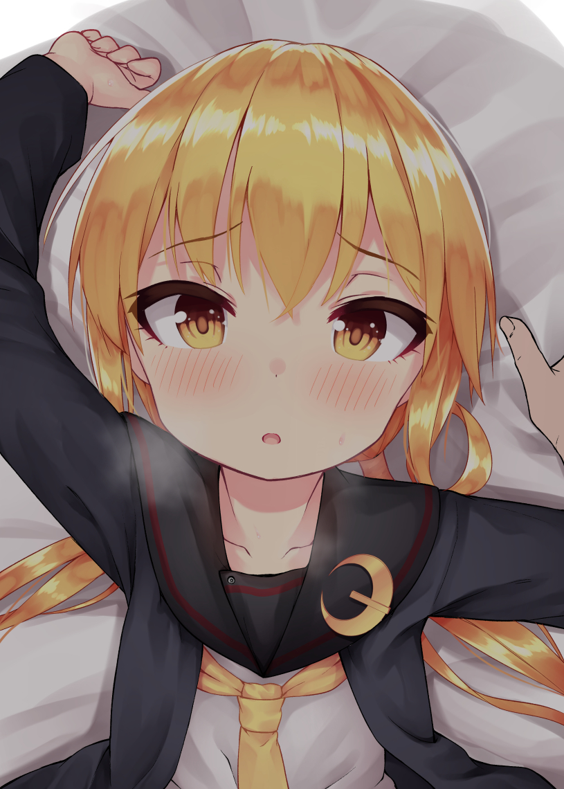 1girl arm_up bangs binsen black_jacket black_sailor_collar blonde_hair blush brown_eyes crescent crescent_moon_pin eyebrows_visible_through_hair fingernails hair_between_eyes heavy_breathing jacket kantai_collection long_hair looking_at_viewer low_twintails lying necktie on_back on_bed open_clothes open_jacket parted_lips sailor_collar satsuki_(kantai_collection) school_uniform serafuku shirt solo_focus sweat twintails very_long_hair white_shirt yellow_neckwear