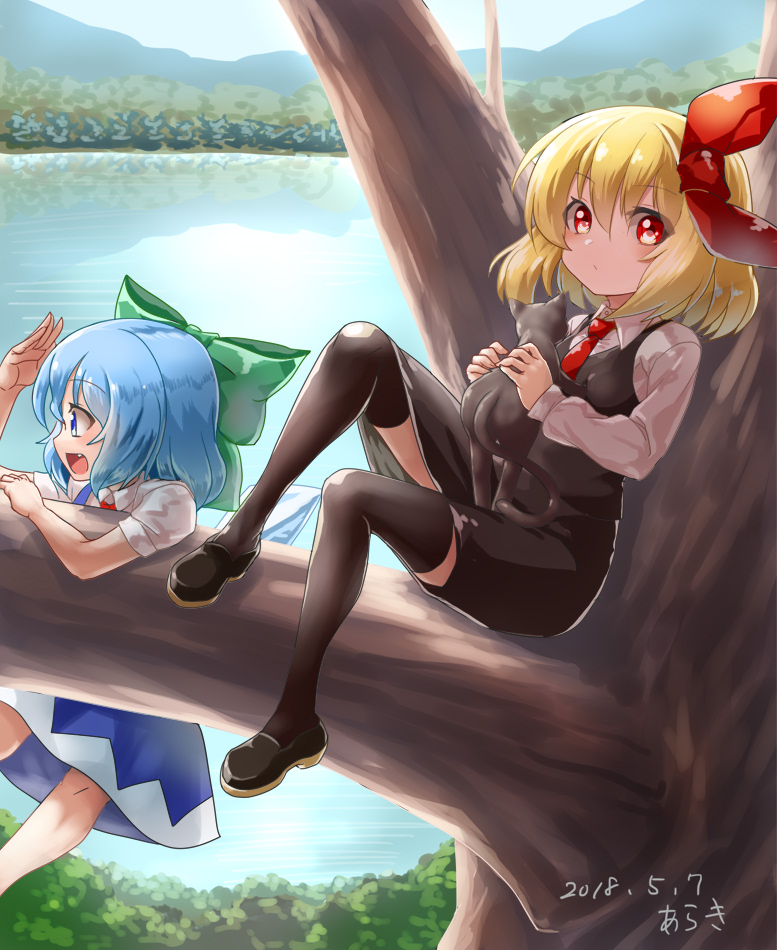 2girls araki_(qbthgry) artist_name black_footwear black_legwear black_skirt blonde_hair blue_dress blue_eyes blue_hair blue_sky bow cat cirno commentary_request dated day dress expressionless eyebrows_visible_through_hair fang forest hair_between_eyes hair_bow hair_ribbon hand_to_forehead hanging holding holding_cat in_tree lake loafers long_sleeves looking_at_viewer looking_to_the_side mountain multiple_girls nature necktie open_mouth outdoors red_eyes red_neckwear ribbon rumia shirt shoes short_hair short_sleeves skirt sky thigh-highs touhou tree waistcoat white_shirt wings