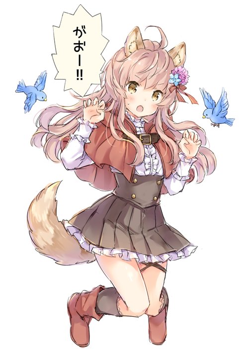 &gt;:o 1girl animal animal_ears bird brown_hair capelet claw_pose fang flower full_body hair_flower hair_ornament hair_ribbon hood hood_down long_hair long_sleeves original pleated_skirt red_footwear ribbon shirt simple_background skirt sweat tail wataame27 white_background wolf_ears wolf_tail yellow_eyes