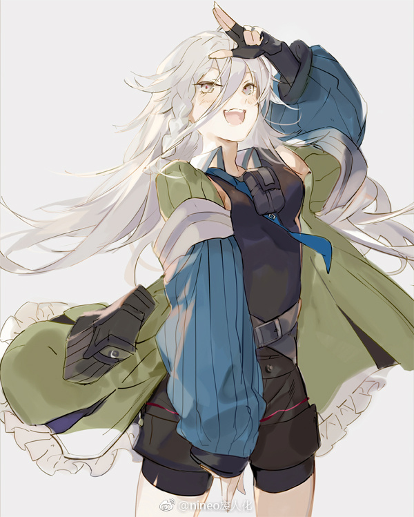1girl ammunition_pouch artist_name bangs belt bike_shorts bike_shorts_under_shorts black_shorts blue_neckwear blush braid breasts collared_shirt cowboy_shot eyebrows_visible_through_hair fingerless_gloves girls_frontline gloves green_coat grey_eyes hair_between_eyes long_hair long_sleeves looking_at_viewer medium_breasts messy_hair multiple_belts necktie nineo open_mouth pouch salute shirt shorts side_braid silver_hair simple_background single_braid sleeveless sleeveless_shirt solo two-finger_salute very_long_hair vest watermark wing_collar xm8_(girls_frontline)