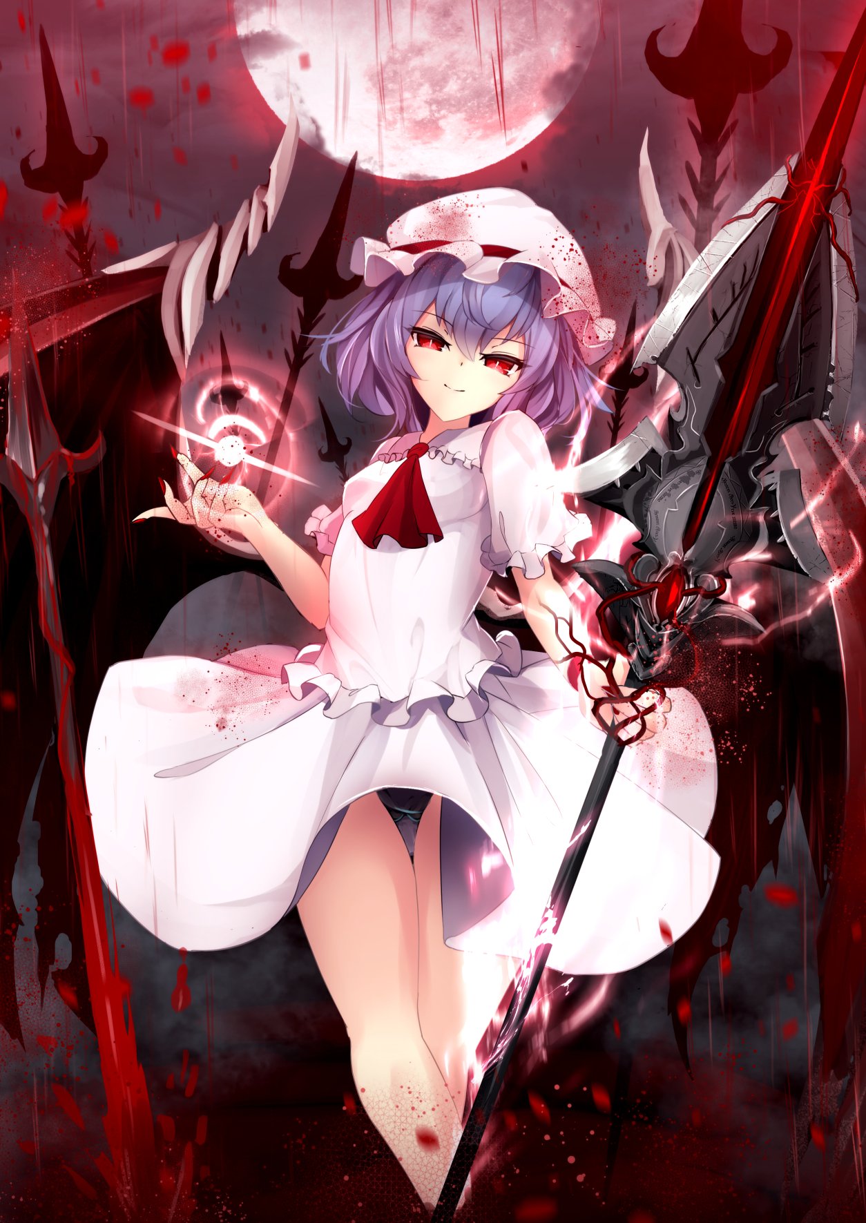 1girl ascot ass_visible_through_thighs aura blood blue_hair breasts commentary_request dress eyebrows_visible_through_hair feet_out_of_frame frilled_shirt_collar frills hair_between_eyes hand_up hat head_tilt highres holding holding_weapon looking_at_viewer mob_cap moon panties pantyshot pantyshot_(standing) polearm rain red_eyes red_moon red_neckwear remilia_scarlet short_hair short_sleeves sinkai small_breasts solo spear spear_the_gungnir standing touhou underwear weapon white_dress white_hat