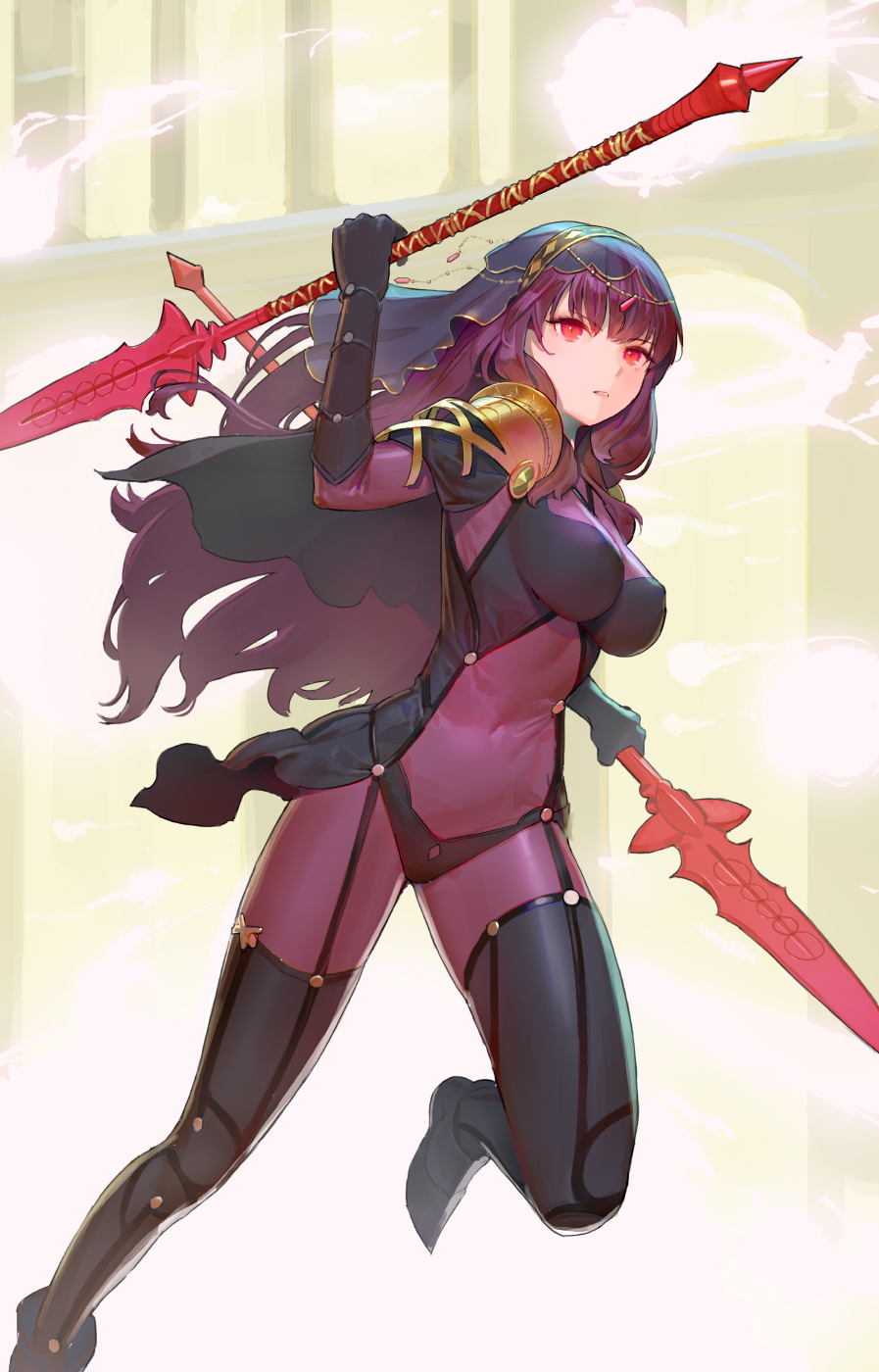 1girl bangs bodysuit breasts capelet circlet covered_navel fate/grand_order fate_(series) forehead_jewel gae_bolg highres large_breasts long_hair pauldrons polearm purple_bodysuit purple_hair red_eyes scathach_(fate/grand_order) solo spear thighs tim_loechner veil waist weapon