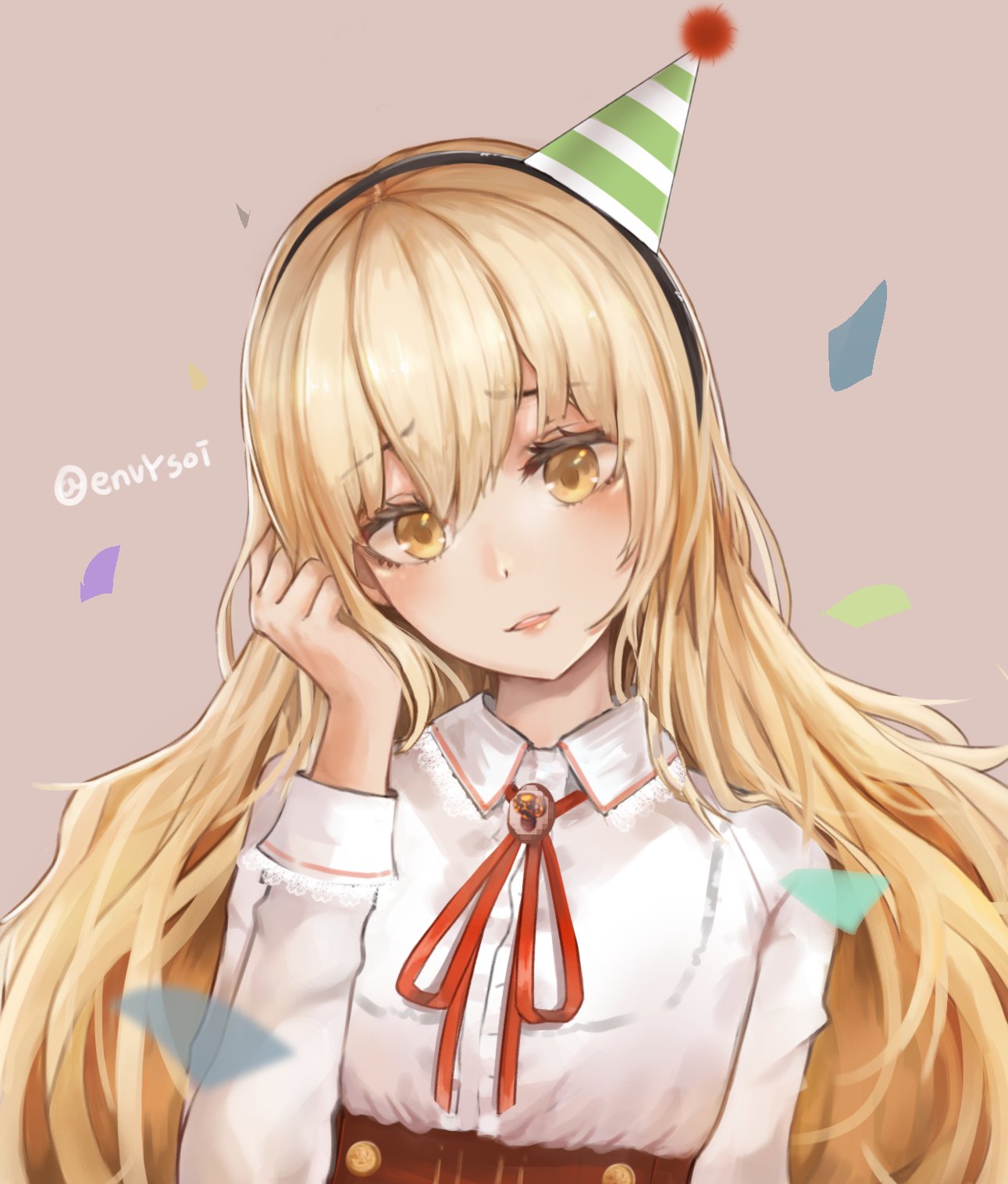1girl blonde_hair blush brown_background brown_eyes confetti envysoi eyebrows_visible_through_hair hat highres long_hair long_sleeves looking_at_viewer original parted_lips party_hat simple_background smile solo twitter_username upper_body very_long_hair