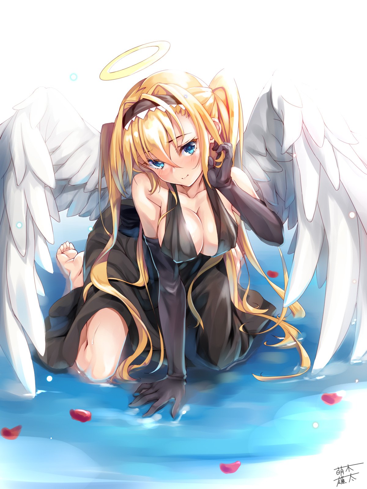 1girl 3: angel angel_wings arm_support barefoot black_dress black_gloves blonde_hair blue_eyes blush breasts cleavage closed_mouth dress elbow_gloves eyebrows_visible_through_hair gloves hair_between_eyes hair_tucking hairband halo highres large_breasts leaning_forward long_hair looking_at_viewer moeki_yuuta original petals sitting solo two_side_up very_long_hair wariza wings