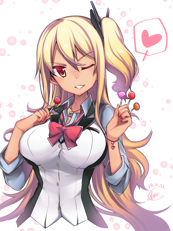 1girl ah-64d_(rick_g_earth) amatsuki_colors bow bowtie bracelet breast_suppress breasts candy dated food hair_between_eyes hair_ornament heart heart_bracelet heart_necklace jewelry large_breasts lollipop long_hair looking_at_viewer necklace no_legs one_eye_closed one_side_up red_bow red_eyes red_neckwear rick_g_earth solo spoken_heart very_long_hair