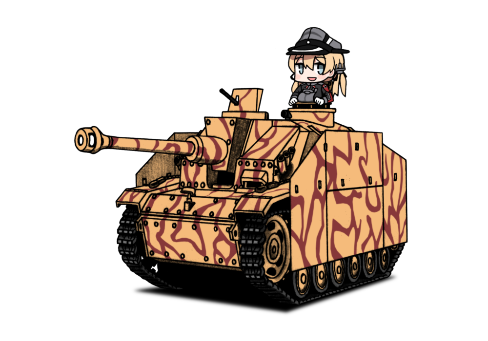 1girl :d anchor_hair_ornament blonde_hair blue_eyes blush chibi commentary_request ground_vehicle hair_ornament hat iiyatsu_(stormtrooperh) kantai_collection military military_vehicle motor_vehicle open_mouth peaked_cap prinz_eugen_(kantai_collection) simple_background smile solo sturmgeschutz_iii tank white_background