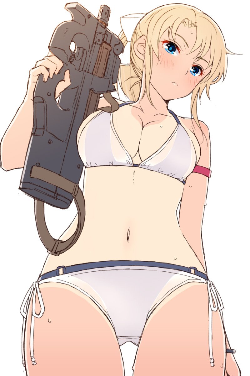1girl armband bikini blonde_girl_(itou) blonde_hair blue_eyes blush bow breasts bullpup cleavage closed_mouth commentary_request cowboy_shot from_below gun hair_bow halterneck highres itou_(onsoku_tassha) large_breasts navel one-piece_tan original p90 ponytail side-tie_bikini simple_background sketch solo submachine_gun sweat swimsuit tan tanline weapon white_bikini