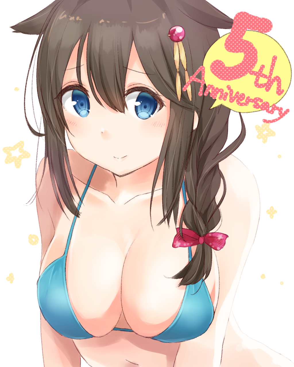 1girl ahoge anniversary bare_shoulders bikini black_hair blue_bikini blue_bikini_top blue_eyes blush braid breasts cleavage close-up hair_braid hair_flaps hair_ornament hair_over_shoulder hair_ribbon highres kantai_collection large_breasts long_hair looking_at_viewer navel red_ribbon remodel_(kantai_collection) ribbon shigure_(kantai_collection) simple_background single_braid smile solo swimsuit white_background yamamura_umi