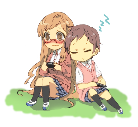 2girls @_@ ano_fuji black_legwear blonde_hair blush brown_eyes brown_hair chibi closed_eyes graphite_(medium) handheld_game_console hareta holding leaning_on_person long_sleeves lowres mary_janes miyama_nena multiple_girls okujou_no_yurirei-san playstation_portable red-framed_eyewear semi-rimless_eyewear shoes short_sleeves sitting sleeping socks traditional_media under-rim_eyewear white_background yuri zzz