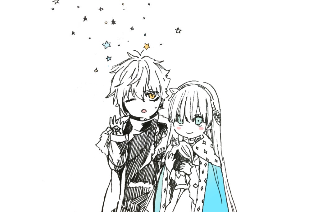 1boy 1girl ;o anastasia_(fate/grand_order) bangs blue_cloak blue_eyes blush brown_eyes cloak closed_mouth crown dress eyebrows_visible_through_hair fate/grand_order fate_(series) fur-trimmed_jacket fur_trim hair_between_eyes hair_over_one_eye hair_ribbon hairband holding jacket kadoc_zemlupus long_hair looking_at_viewer mini_crown one_eye_closed open_clothes open_jacket parted_lips partially_colored ribbon royal_robe shirt simple_background smile sofra star traditional_media twitter_sparkles very_long_hair white_background