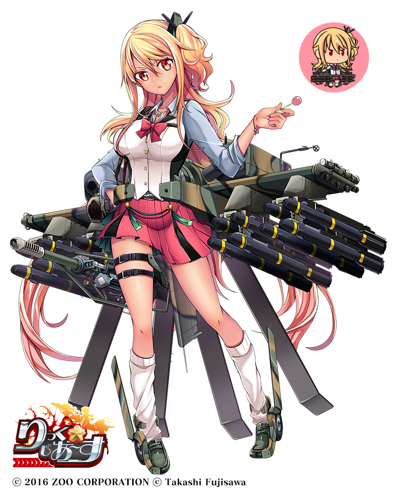 1girl ah-64d_(rick_g_earth) amatsuki_colors blonde_hair bracelet candy chibi_inset commentary_request copyright_name food full_body hair_between_eyes hair_ornament hand_on_hip jewelry lollipop long_hair loose_socks missile one_side_up pink_skirt red_eyes rick_g_earth sidelocks simple_background skirt solo standing thigh_strap very_long_hair white_background white_legwear