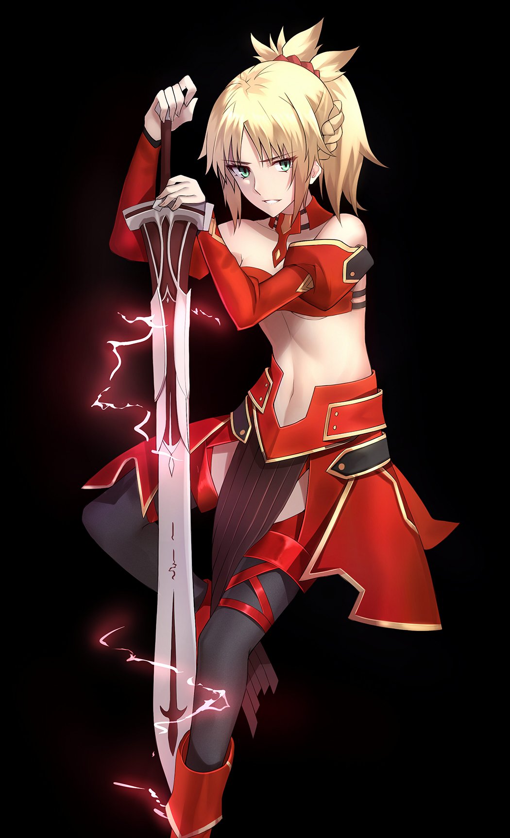 1girl bare_shoulders black_background breasts clarent detached_sleeves fate/apocrypha fate/grand_order fate_(series) green_eyes highres looking_at_viewer mordred_(fate)_(all) navel planted_sword planted_weapon ponytail red_scrunchie shiguru small_breasts solo sword thigh-highs under_boob weapon