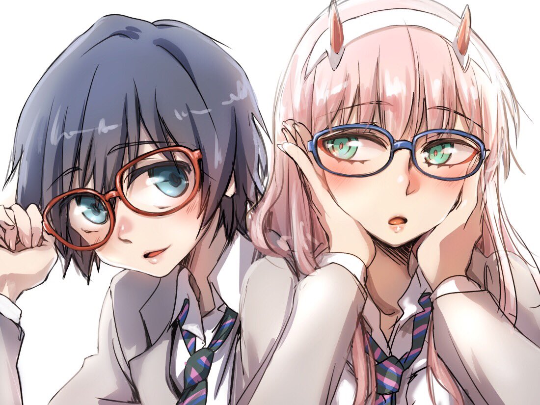 1boy 1girl black_hair blue_eyes blush commentary_request couple darling_in_the_franxx eyebrows_visible_through_hair glasses green_eyes grey_jacket hair_ornament hairband hand_on_eyewear hands_on_own_face herozu_(xxhrd) hiro_(darling_in_the_franxx) horns jacket long_hair long_sleeves oni_horns open_clothes open_jacket pink_hair red_horns short_hair striped_neckwear white_hairband zero_two_(darling_in_the_franxx)
