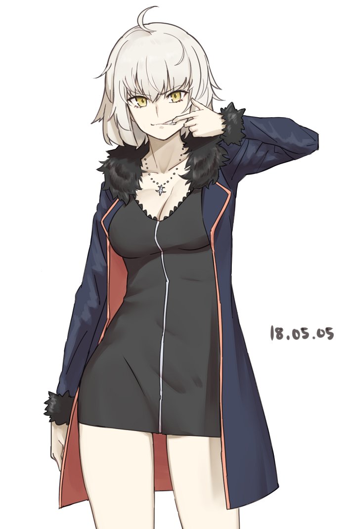 1girl ahoge breasts cleavage dated fate/grand_order fate_(series) fleur_de_lis fur-trimmed_sleeves fur_collar fur_trim grey_hair hair_between_eyes jeanne_d'arc_(alter)_(fate) jeanne_d'arc_(fate)_(all) jewelry legs michihasu mouth_pull necklace short_hair solo white_background yellow_eyes