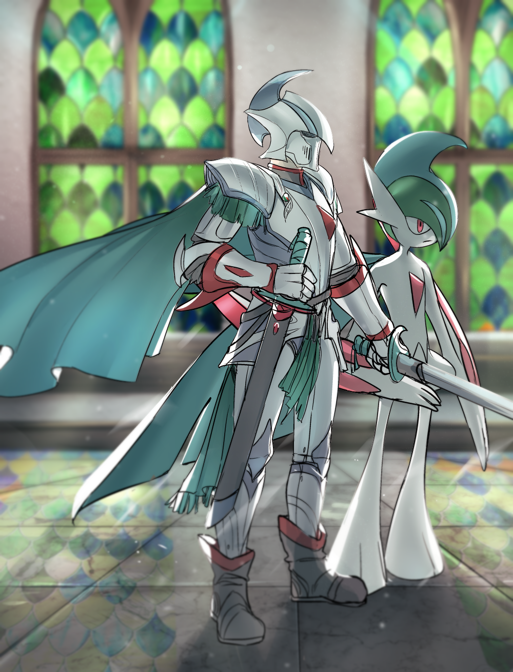 1other armor black_footwear cape dual_wielding gallade gauntlets green_cape helmet highres holding holding_sword holding_weapon indoors knight pokemon pokemon_(creature) red_eyes ryairyai sheath sheathed stained_glass standing sword weapon