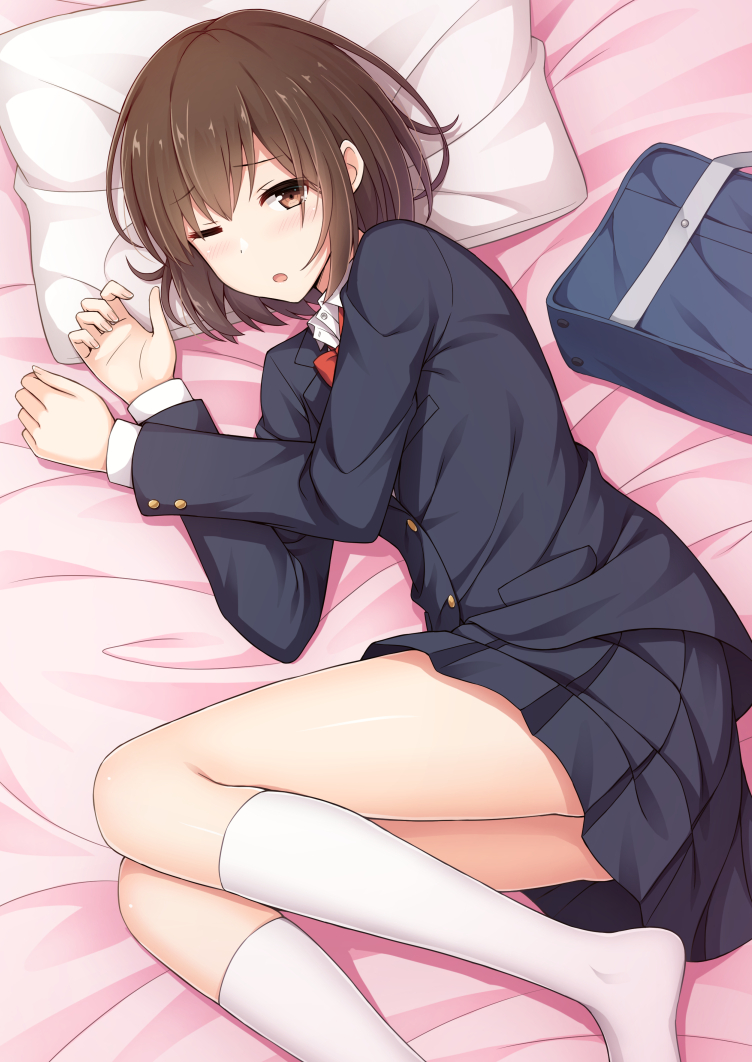 1girl ;o bag bangs bed_sheet black_blazer black_skirt blazer blush bow bowtie brown_eyes brown_hair collared_shirt commentary_request eyebrows_visible_through_hair fingernails hair_between_eyes jacket kneehighs long_sleeves looking_at_viewer lying nakamura_sumikage no_shoes on_side one_eye_closed original parted_lips pillow pleated_skirt red_neckwear school_bag school_uniform shirt skirt solo white_legwear white_shirt