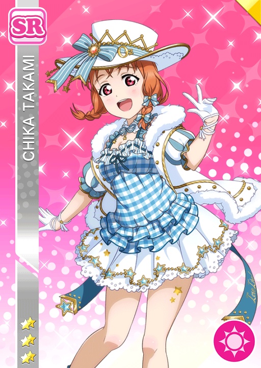 blush character_name dress happy hat love_live!_school_idol_festival love_live!_sunshine!! orange_hair red_eyes short_hair takami_chika twin_braids