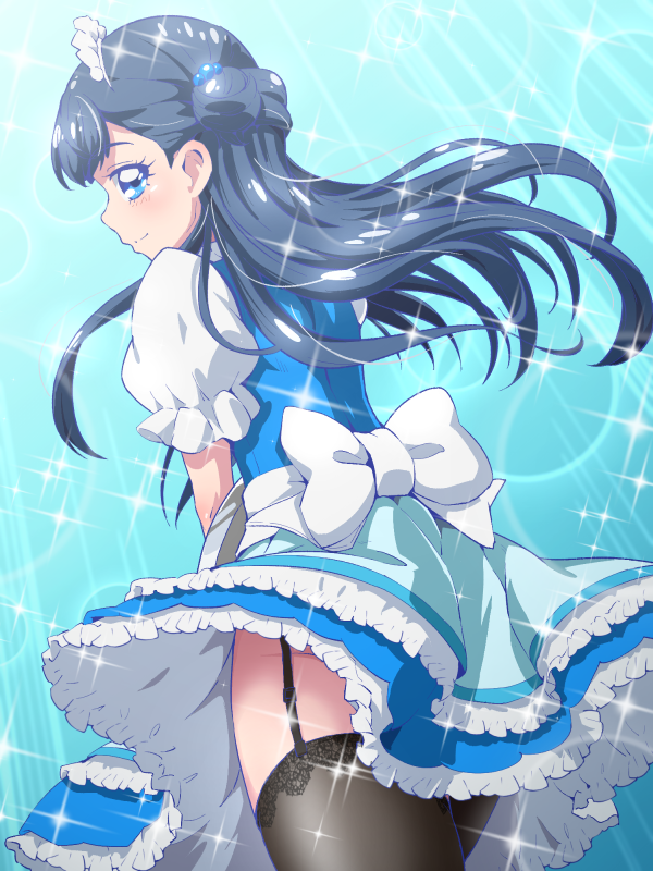 1girl ass back_bow black_hair black_legwear blue_background blue_dress blue_eyes bow cowboy_shot dress floating_hair frilled_dress frills from_behind garter_straps holding hugtto!_precure lens_flare long_hair looking_back maid_headdress pinafore_dress precure short_dress short_sleeves sleeveless sleeveless_dress smile solo sparkle standing sunlight thigh-highs tj-type1 very_long_hair white_bow yakushiji_saaya