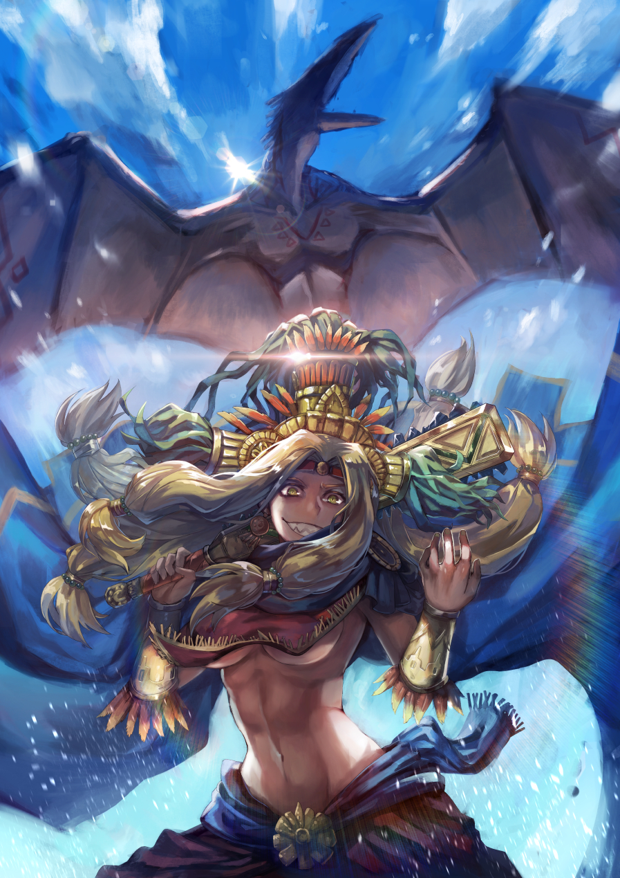 1girl blonde_hair bracer breasts cape fate/grand_order fate_(series) green_eyes headgear highres huamuan_huamuan lens_flare long_hair low-tied_long_hair over_shoulder pterodactyl quetzalcoatl_(fate/grand_order) sharp_teeth sky sun teeth under_boob weapon weapon_over_shoulder