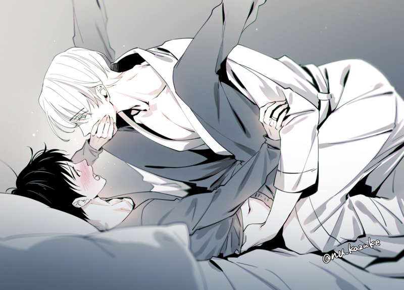 2boys bed black_hair blanket blue_eyes blurry blush depth_of_field embarrassed gradient gradient_background grey_background greyscale hand_on_another's_mouth jewelry katsuki_yuuri long_sleeves lying male_focus monochrome multiple_boys open_mouth pillow ring robe short_hair simple_background spot_color spread_legs twitter_username viktor_nikiforov white_hair yaoi yuri!!!_on_ice