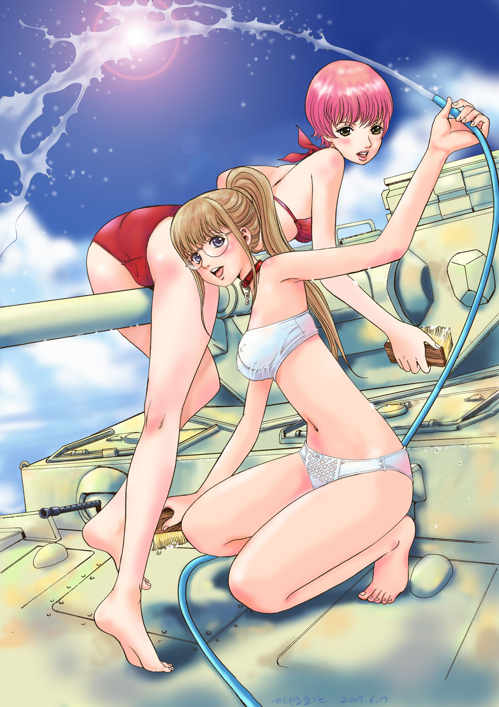 2girls ass bandeau bikini blonde_hair blue_eyes blush bubble collar glasses ground_vehicle highres hose katayama_makoto kneepits lens_flare long_hair military military_vehicle motor_vehicle multiple_girls open_mouth original panzerkampfwagen_iv pink_hair ponytail pun short_hair swimsuit tank wash water