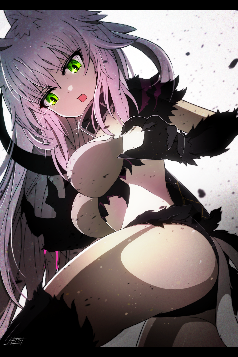1girl agrius_metamorphosis ass atalanta_(alter)_(fate) atalanta_(fate) bangs belt belt_buckle belt_collar black_belt black_collar black_legwear breasts buckle cat_tail collar eyebrows eyebrows_visible_through_hair fang fate/grand_order fate_(series) fingernails green_eyes hair_between_eyes highres legs_apart letterboxed long_fingernails long_hair medium_breasts multicolored_hair multiple_tails open_mouth purple_hair sana_hamada sharp_fingernails solo sparkle tail thigh-highs two-tone_hair two_tails very_long_hair white_hair