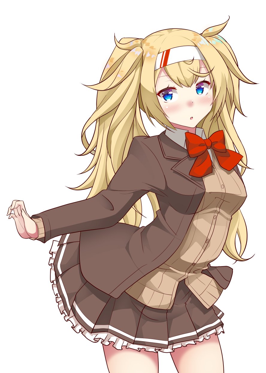 1girl alternate_costume beige_sweater blonde_hair blue_eyes bow breasts brown_dress brown_jacket collared_shirt commentary cowboy_shot dress gambier_bay_(kantai_collection) hairband highres jacket kantai_collection kirigakure_(kirigakure_tantei_jimusho) large_breasts open_mouth red_bow shirt twintails white_background white_frills