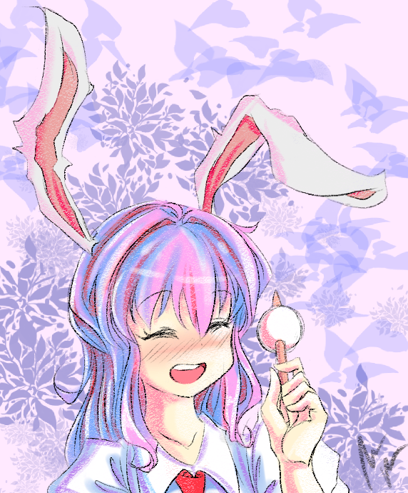 1girl :d ^_^ animal_ears bangs blush closed_eyes dango food imperishable_night majormilk multicolored_hair necktie open_mouth rabbit_ears reisen_udongein_inaba shirt sidelocks smile touhou wagashi white_shirt