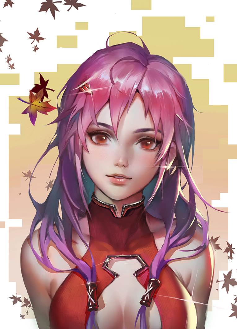 1girl bare_shoulders breasts center_opening cleavage collarbone guilty_crown hair_ornament hair_tubes hairclip idol leaf long_hair looking_at_viewer maple_leaf medium_breasts pauld pink_hair red_eyes shiny singer twintails upper_body yuzuriha_inori