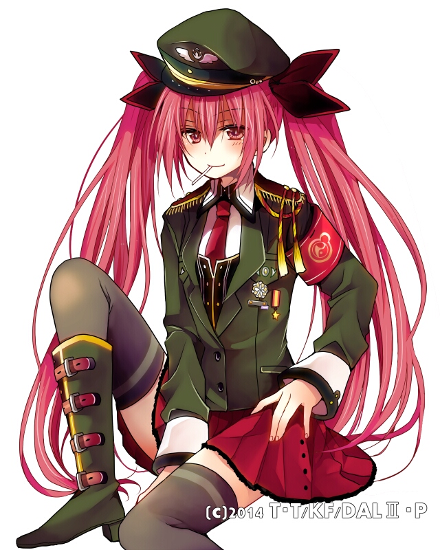 1girl arm_between_legs armband bangs black_legwear black_ribbon boots candy date_a_live eyebrows_visible_through_hair food green_footwear green_jacket hair_between_eyes hair_ribbon hat hibiki_mio itsuka_kotori jacket lollipop long_hair military_hat miniskirt necktie pleated_skirt red_eyes red_neckwear red_skirt redhead ribbon simple_background sitting skirt smile solo thigh-highs twintails very_long_hair white_background