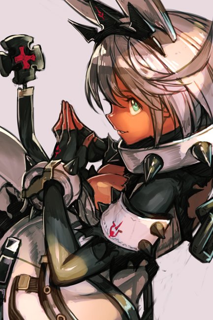 1girl bangs blue_eyes bracelet closed_mouth elphelt_valentine from_side guilty_gear guilty_gear_xrd hair_between_eyes hankuri jewelry looking_away short_hair silver_hair simple_background solo