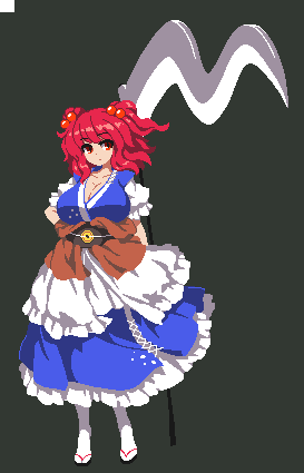arms_behind_back breasts cleavage hair_bobbles hair_ornament huge_breasts japanese_clothes lowres onozuka_komachi red_eyes redhead scythe solo takorin touhou two_side_up