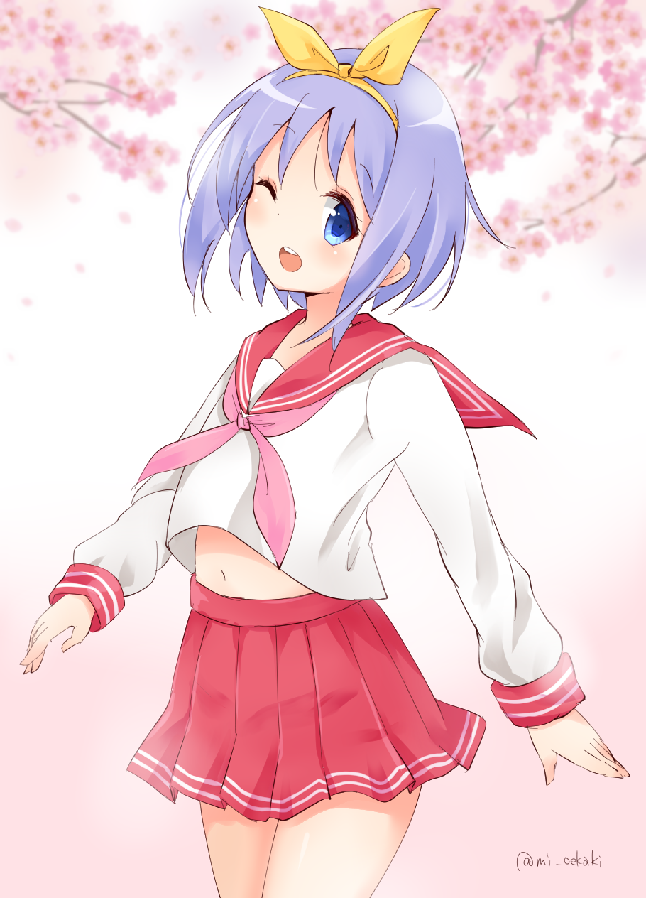 1girl ;d blue_eyes cherry_blossoms eyebrows_visible_through_hair highres hiiragi_tsukasa looking_at_viewer lucky_star midriff navel neckerchief one_eye_closed open_mouth petals pink_neckwear pink_skirt pleated_skirt purple_hair ryouou_school_uniform school_uniform serafuku short_hair simple_background skirt smile solo tareme white_background yamamura_umi yellow_hairband