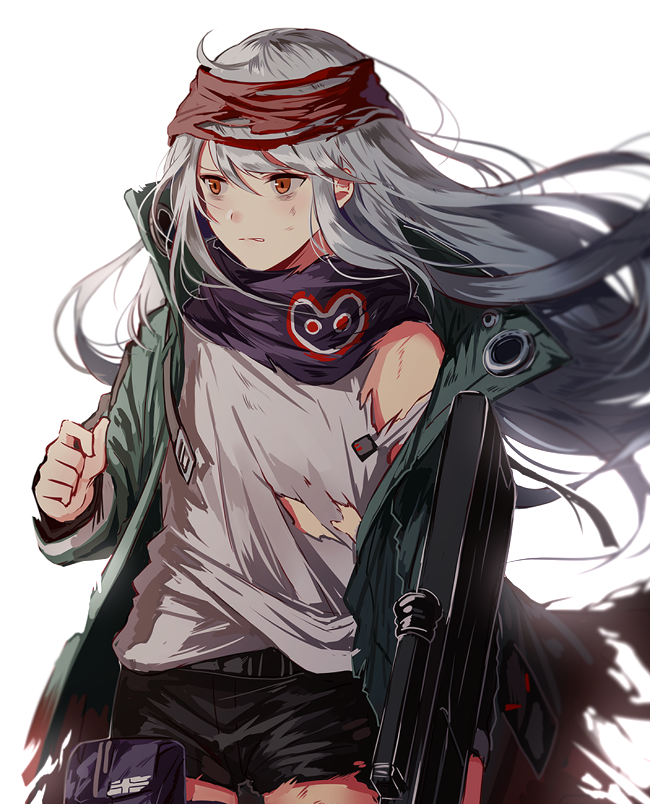 1girl assault_rifle bangs brown_eyes coat g11 g11_(girls_frontline) girls_frontline gun hair_between_eyes heckler_&amp;_koch holding holding_weapon injury jacket long_hair looking_away open_clothes open_coat pouch rifle scarf scarf_on_head shirt shorts silence_girl silver_hair simple_background solo torn_clothes very_long_hair weapon white_background