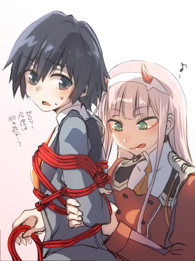 1boy 1girl black_hair blue_eyes blush bound commentary_request couple darling_in_the_franxx green_eyes hair_ornament hairband herozu_(xxhrd) hiro_(darling_in_the_franxx) horns long_hair looking_back military military_uniform necktie oni_horns orange_neckwear pink_hair red_horns short_hair sweat tied_up translated uniform white_hairband zero_two_(darling_in_the_franxx)
