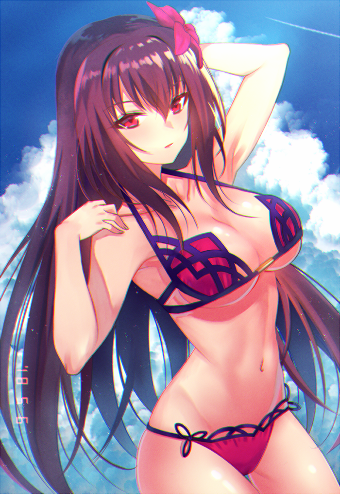 1girl bikini blur breasts clouds cloudy_sky dated day fate/grand_order fate_(series) flower hair_flower hair_ornament hand_on_own_shoulder hibiscus large_breasts looking_at_viewer minatoasu navel open_mouth pink_bikini purple_bikini purple_hair red_eyes scathach_(fate/grand_order) scathach_(swimsuit_assassin)_(fate) sky swimsuit
