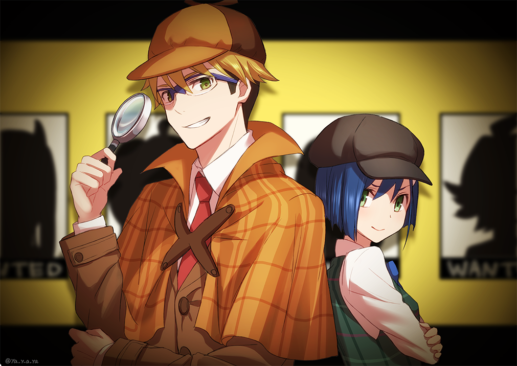 1boy 1girl back-to-back blonde_hair blue_hair bob_cut cabbie_hat capelet commentary cosplay darling_in_the_franxx glasses gorou_(darling_in_the_franxx) green_eyes grin hat ichigo_(darling_in_the_franxx) magnifying_glass necktie plaid poster rochika_(ya_y_a_ya) sherlock_holmes sherlock_holmes_(cosplay) shirt short_hair smile trench_coat vest wanted white_shirt