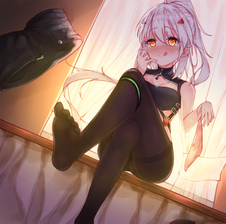 1girl :q ayanami_(azur_lane) azur_lane black_legwear black_shorts blush bow bow_panties breasts brown_eyes cleavage closed_mouth commentary curtains dutch_angle glowing glowing_eyes hair_ornament hand_up high_ponytail holding holding_panties legs_crossed long_hair medium_breasts no_shoes nose_blush panties panties_removed panties_under_pantyhose pantyhose pink_panties ponytail prpr_friends short_shorts shorts shorts_removed silver_hair sitting smile soles solo thighband_pantyhose tongue tongue_out transparent underwear very_long_hair window