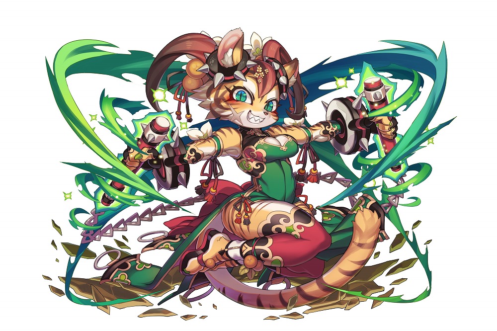 1girl animal_ears aoneko arm_strap bracelet breasts china_dress chinese_clothes cleavage_cutout cross_scar dress facial_scar full_body fullbokko_heroes furry green_eyes holding holding_weapon jewelry long_hair looking_at_viewer medium_breasts nail_polish official_art outstretched_arms redhead sandals scar simple_background sleeveless sleeveless_dress solo spiked_bracelet spikes tail thigh-highs tiger_ears tiger_girl tiger_tail twintails weapon white_background