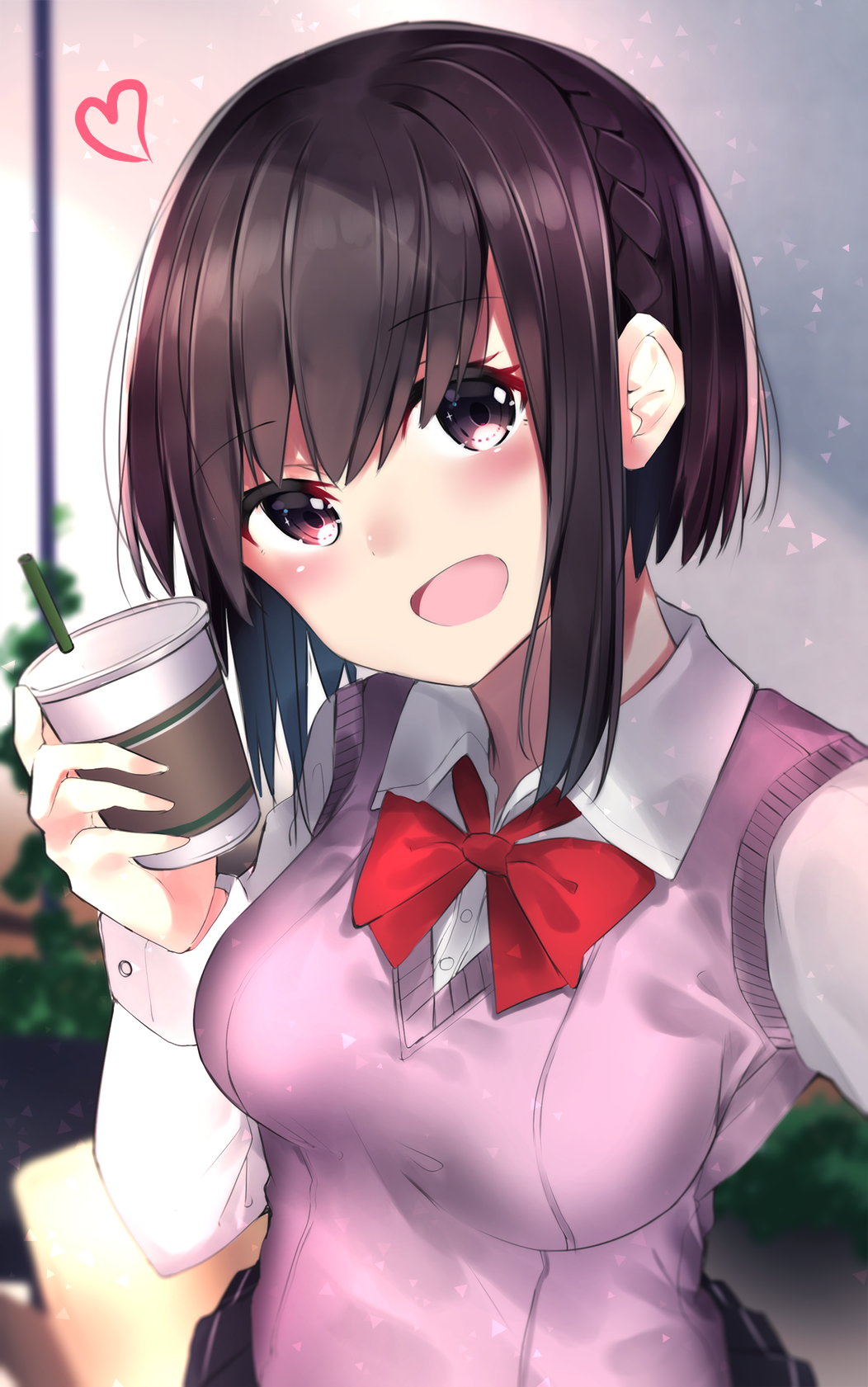 1girl :d black_skirt blurry blurry_background blush bow bowtie breasts brown_eyes brown_hair coffee_cup collared_shirt commentary_request cup depth_of_field disposable_cup dress_shirt drinking_straw head_tilt heart highres holding holding_cup long_sleeves looking_at_viewer medium_breasts neku_(neku_draw) open_mouth original pleated_skirt red_neckwear school_uniform self_shot shirt sidelocks skirt smile solo sweater_vest white_shirt