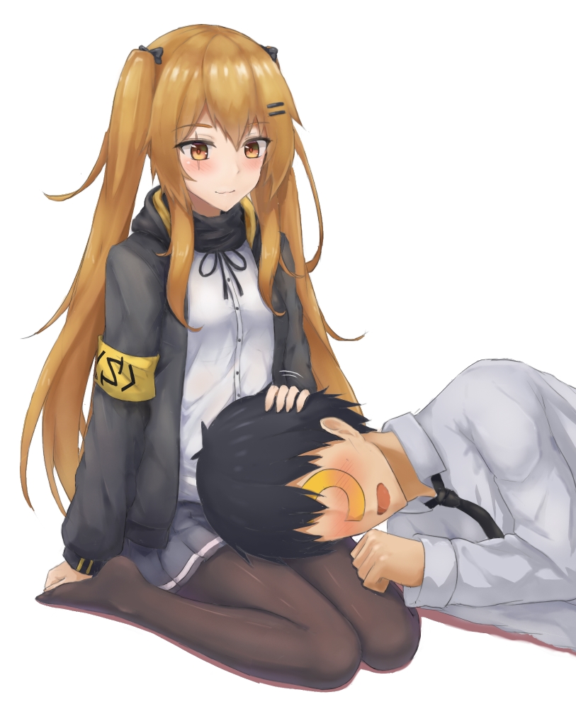 armband black_hair black_jacket black_skirt breasts brown_eyes brown_hair clenched_hand collared_shirt commander girls_frontline hair_ornament hair_ribbon hairclip hood hood_down hooded_jacket jacket lap_pillow long_hair looking_at_another lying medium_breasts necktie on_side open_clothes open_jacket pantyhose petting ribbon scar scar_across_eye scarf seaweed2017 shirt short_hair simple_background sitting skirt smile thigh-highs track_jacket twintails ump9_(girls_frontline) very_long_hair white_background white_shirt