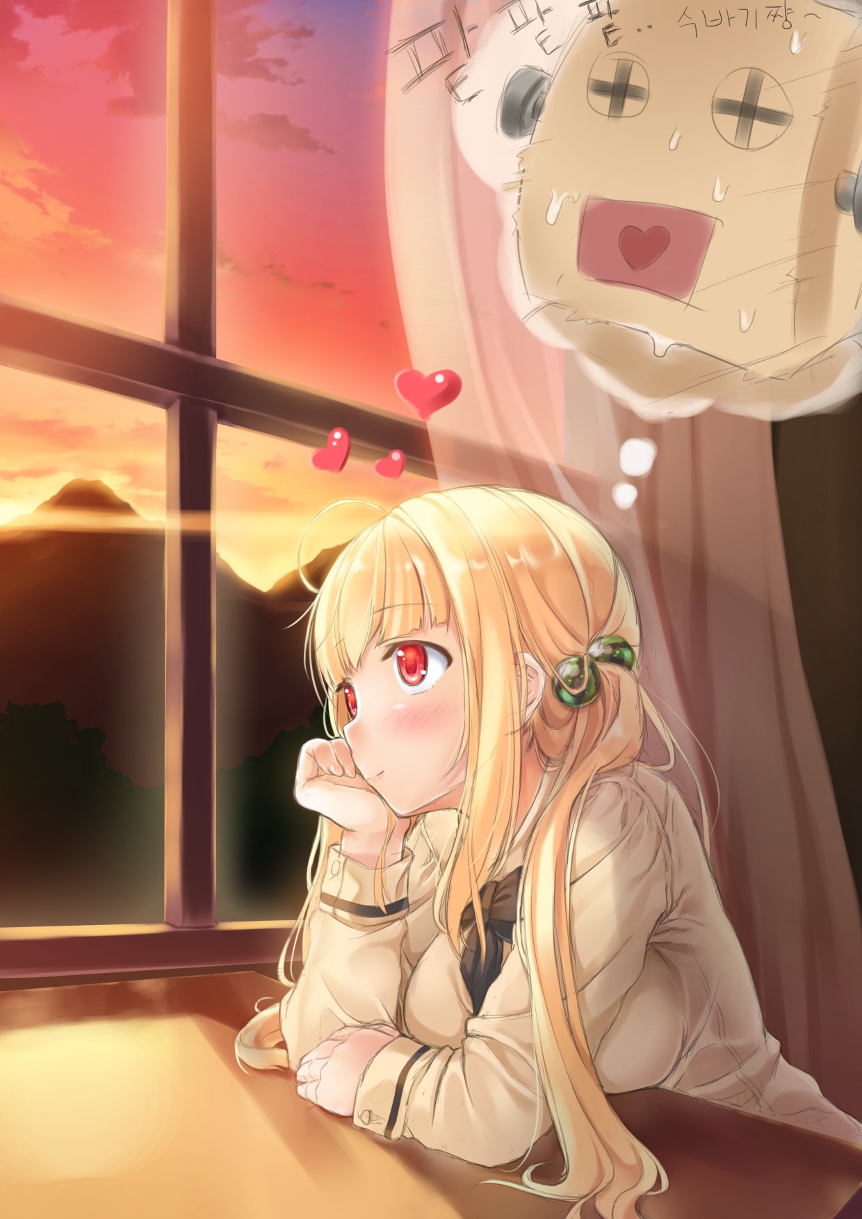 1girl ahoge black_bow blonde_hair blush bow breasts closed_mouth desk eyebrows_visible_through_hair heart highres ifnil indoors large_breasts long_hair long_sleeves looking_away original red_eyes smile solo sunset thought_bubble translation_request twintails window